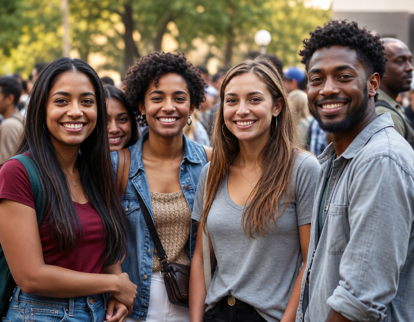 Diverse group of young supporters smiling together at a community gathering