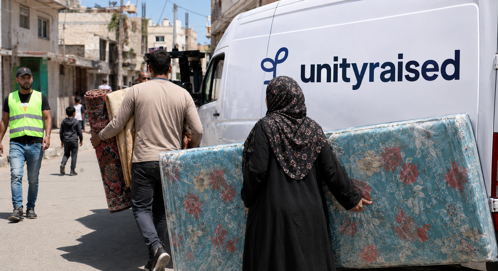 Volunteers loading donated supplies into a UnityRaised van