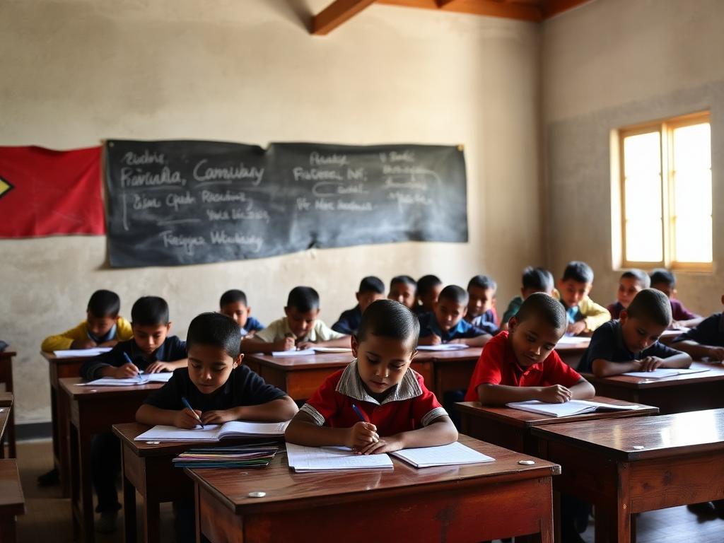 Students studying at wooden desks in a rural classroom