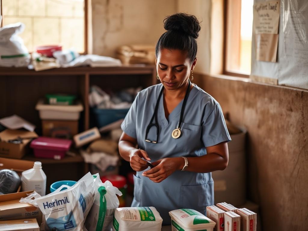 Nurse organising medical supplies in a small clinic