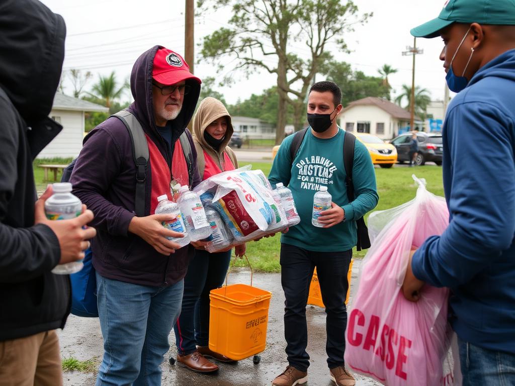 Volunteers handing out bottled water and relief supplies