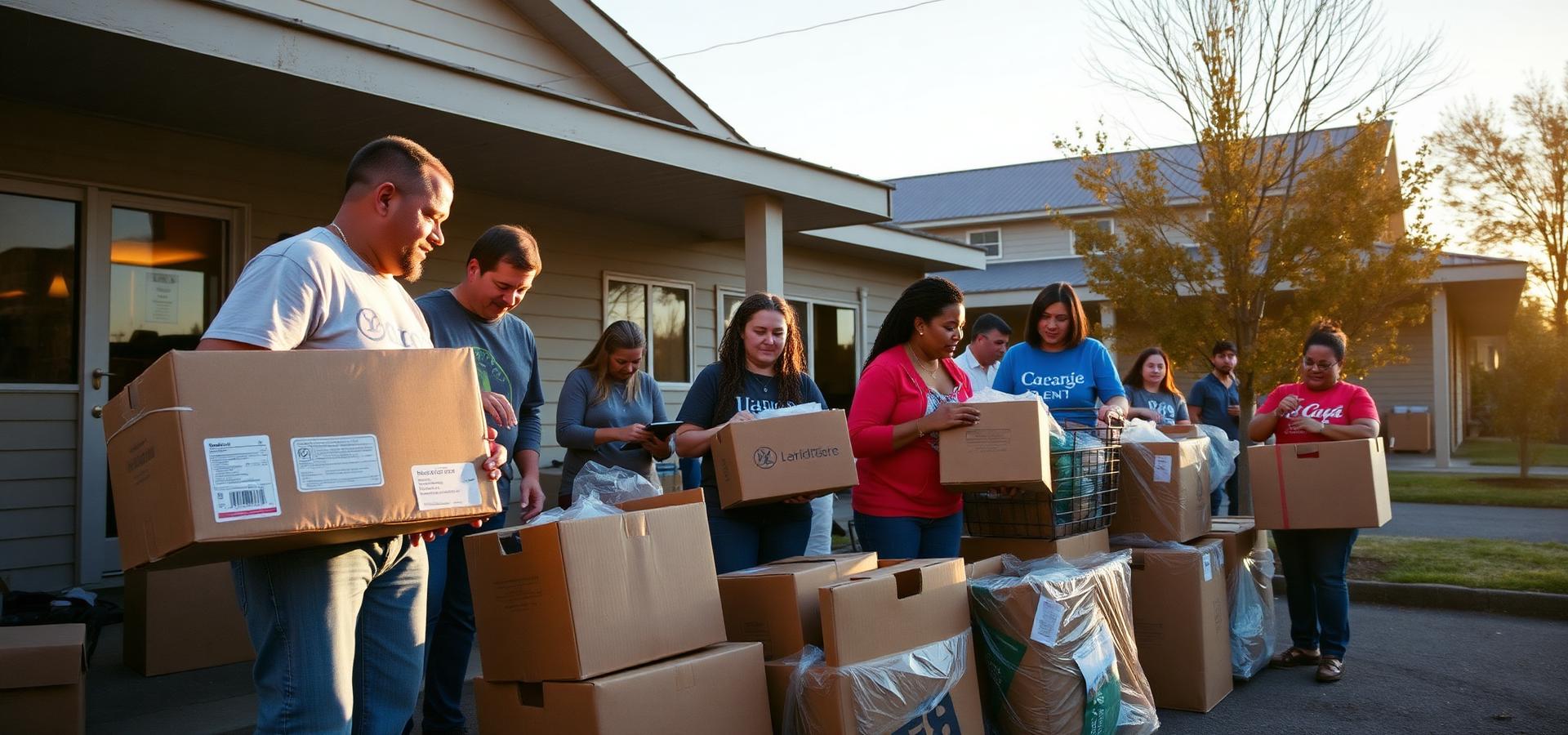Volunteers unloading donated supplies at a community centre