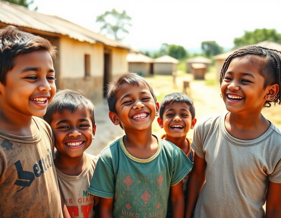 Children laughing outside their village homes